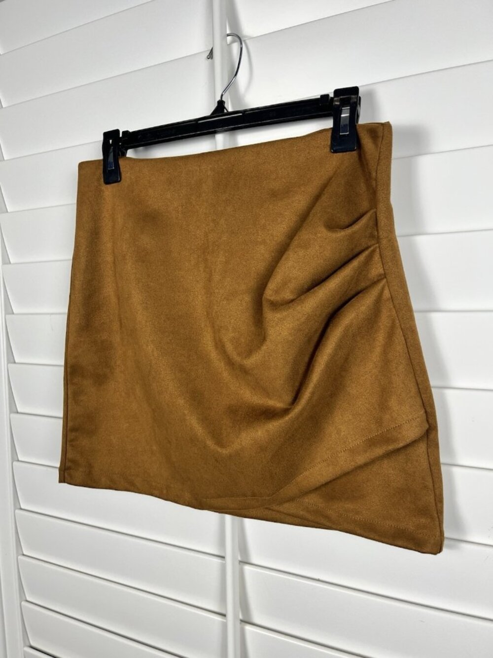 Faux Suede Brown Ruched Mini Skirt Side Drape Y2K Size L